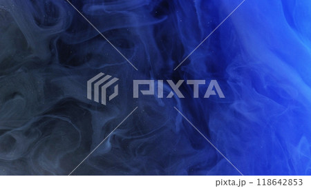 Blur mist cloud. Paint water splash. Defocused blue color glowing dust particles texture haze floating on dark black abstract art background. 118642853