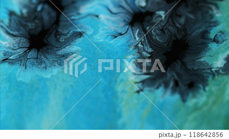 Ink splash. Drop stain. Defocused black blue color sparkling grain particles texture paint fluid mix blotch abstract art background. 118642856
