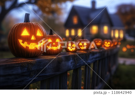 Lit jack-o'-lanterns lined on a wooden fence in front of a cozy house during Halloween night 118642940