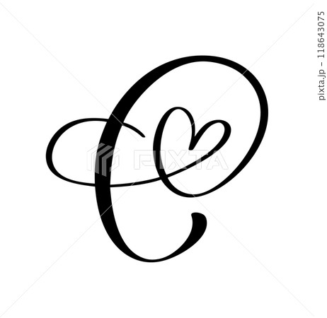 Script capital font logo calligraphy love letter C initial. Hand drawn vector brush style flourish. Vintage heart monogram. Valentine flourish element. Sign for page decoration design illustration Script capital font logo calligraphy love letter C initial. Hand drawn vector brush style flourish. Vintage heart monogram. Valentine flourish element. Sign for page decoration design illustration 118643075