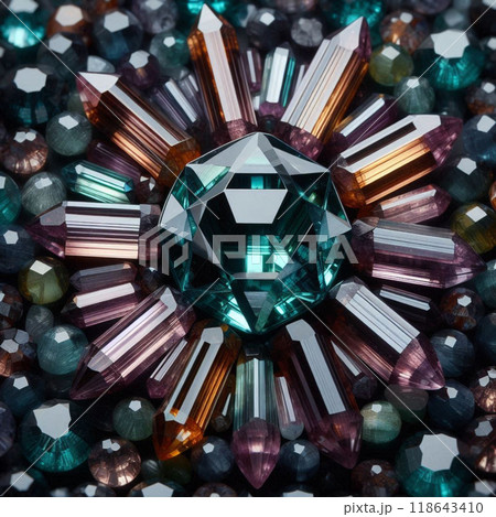 Featuring a large Tourmaline green gemstone surrounded by an array of multicolored tourmaline gemstones  118643410