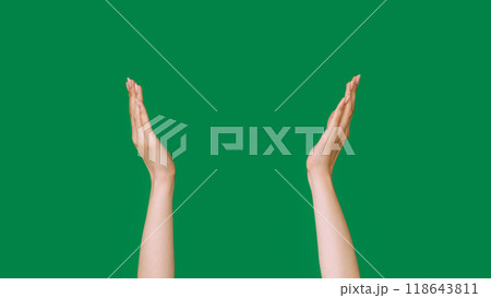 Hand frame. Advertising background. Female raised arms holding something invisible on open palms isolated on green empty space. Hand frame. Advertising background. Female raised arms holding something invisible on open palms isolated on green empty space. 118643811