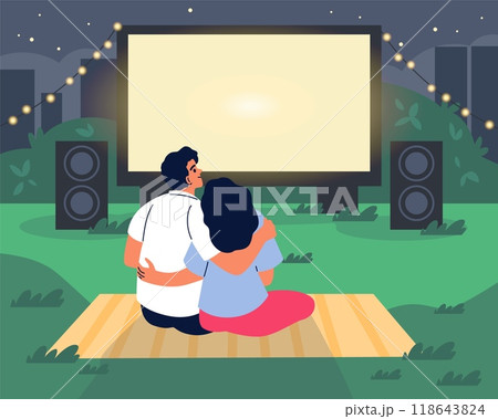 Vector illustration of an open-air cinema with a projection screen and a young couple 118643824