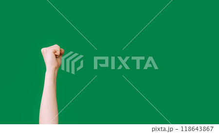 Knocking hand. Protest arm. Demanding gesture. Female raised clenched fist striking isolated on green empty space background. Knocking hand. Protest arm. Demanding gesture. Female raised clenched fist striking isolated on green empty space background. 118643867