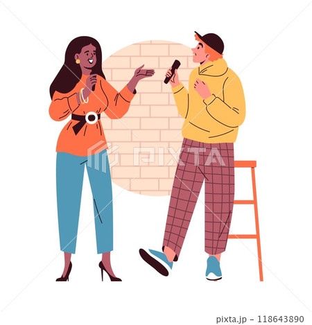 Couple with microphone host stand-up comedy show, vector artist man and woman tell jokes, humor conversation perform Couple with microphone host stand-up comedy show, vector artist man and woman tell jokes, humor conversation perform 118643890