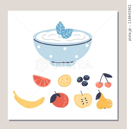 Vector illustration of a yogurt maker with Greek yogurt and banana, cherry, pear fillings Vector illustration of a yogurt maker with Greek yogurt and banana, cherry, pear fillings 118643901