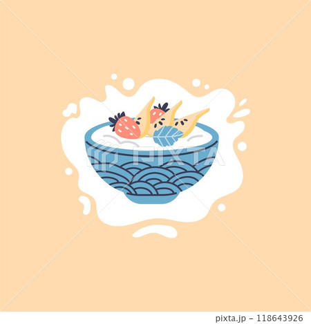 Vector icon a bowl of yogurt with strawberries and a pear on a yellow background 118643926
