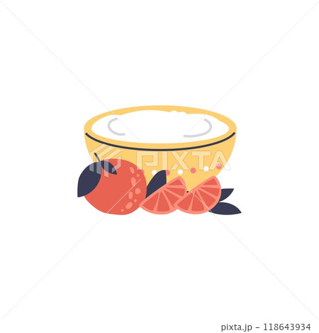 Vector icon with a bowl of Greek yogurt with fresh tangerines on a white background Vector icon with a bowl of Greek yogurt with fresh tangerines on a white background 118643934