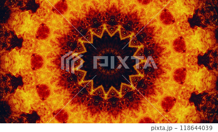 Glowing kaleidoscope round orange black color light hypnotic mandala art illustration abstract background. Glowing kaleidoscope round orange black color light hypnotic mandala art illustration abstract background. 118644039