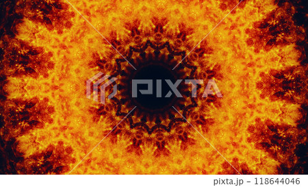 Vibrant fiery kaleidoscope with intricate repetitive patterns hypnotic glowing orange art illustration abstract background. Vibrant fiery kaleidoscope with intricate repetitive patterns hypnotic glowing orange art illustration abstract background. 118644046