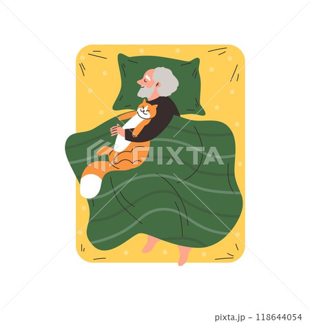 Elderly man sleeping under the blanket on the bed and hugging cat, vector cartoon senior owner with pet dream, top view 118644054