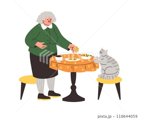 Illustration of gray-haired granny at the round table offering cookies to her gray cat. 118644059