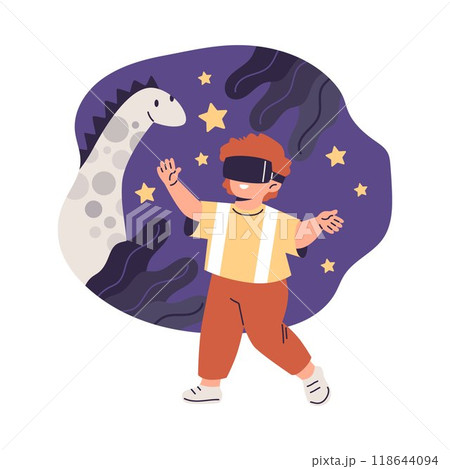 Vector graphics a boy playing with virtual reality glasses in a virtual world with dinosaur 118644094