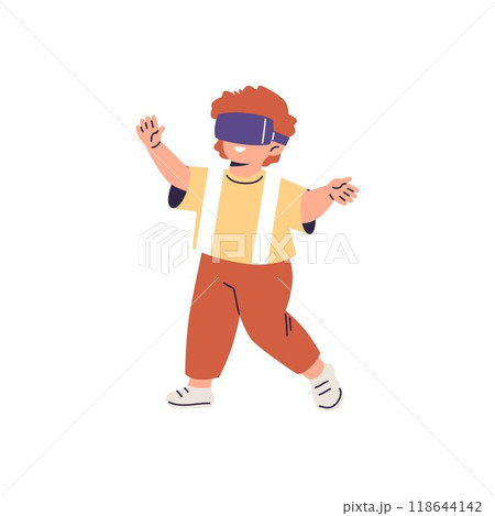 Vector illustration of a little boy wearing virtual reality glasses. 118644142