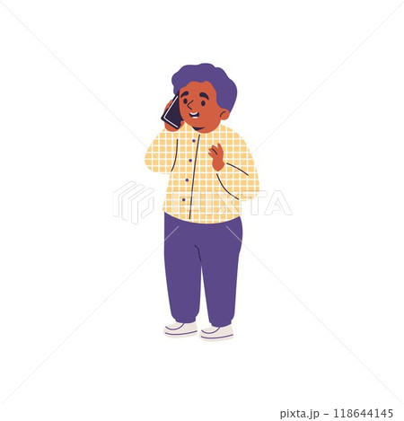 Vector illustration on a white background with a little boy talking on the phone 118644145
