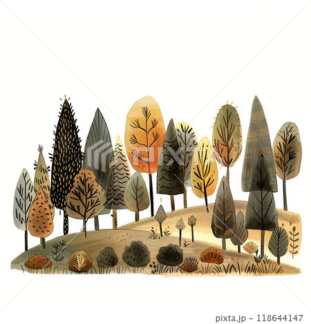 Colorful autumn forest landscape with various trees and plants on a sunny day 118644147