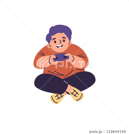 Vector illustration with a little boy enthusiastically playing with a joystick in his hands 118644149