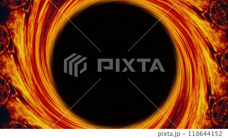 Fire frame radiant orange light vortex swirling on circle black hole art illustration abstract background. 118644152