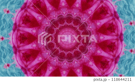 Pink kaleidoscope mandala design with contrasting blue edges, psychedelic themes art illustration abstract background. 118644211
