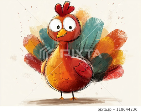 Colorful cartoon turkey showcasing vibrant feathers against a light backdrop in a playful design 118644230