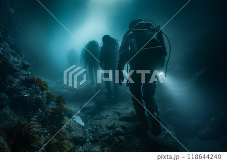A group of researchers studying the bioluminescent creatures of the deep sea.Scuba divers exploring underwater cave with diving equipment 118644240