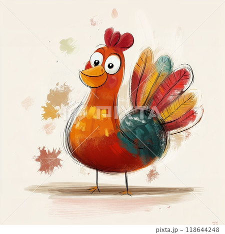 Colorful cartoon rooster standing proudly with vibrant feathers against a light background 118644248