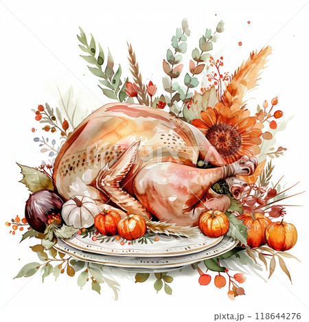 Colorful Thanksgiving turkey surrounded by autumn harvest elements on a decorative platter 118644276