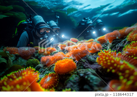 A team of marine biologists studying a diverse ecosystem on a coral atoll. Scuba divers observe sea anemones in the underwater environment 118644317