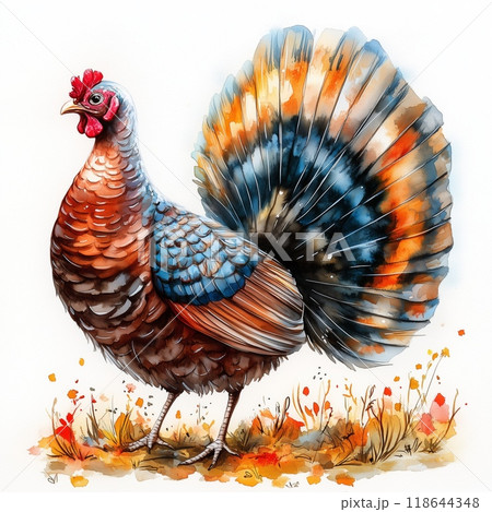 Colorful turkey stands proudly in a vibrant autumn meadow surrounded by wildflowers 118644348