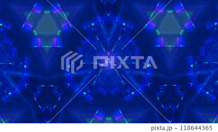 Digital artwork of vivid blue kaleidoscope pattern neon highlights geometric shapes art illustration abstract background. Digital artwork of vivid blue kaleidoscope pattern neon highlights geometric shapes art illustration abstract background. 118644365