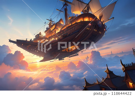 ゲーム背景風　夕暮れの都市の上を飛ぶスチームパンクな飛空艇	 118644422