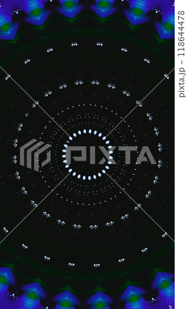 Abstract futuristic digital mandala pattern with intricate elements in vibrant blue colors on black art illustration abstract background. 118644478
