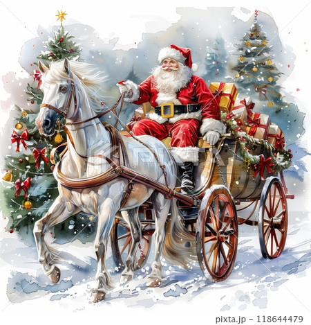 Santa Claus rides through a snowy landscape delivering gifts in a horse-drawn cart 118644479