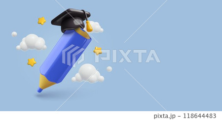 Study learn and education 3D vector illustration with blue pencil wearing student graduation hat Study learn and education 3D vector illustration with blue pencil wearing student graduation hat 118644483