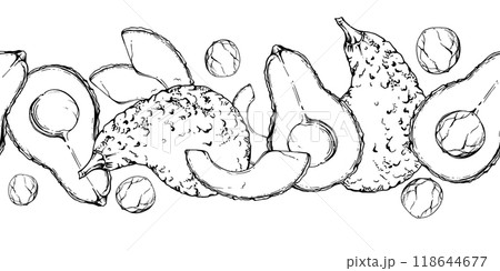 Hand drawn vector ink sliced green avocado vegetables for diet, healthy lifestyle, vegan cooking. Illustration seamless border isolated on white background. Design recipe book, website, card, menu 118644677