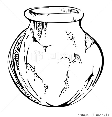 Handmade traditional clay pottery ceramic vase, hand drawn ink vector illustration. Single object isolated on white background. Design travel, vacation, brochure, print, cafe restaurant menu, shop. 118644714