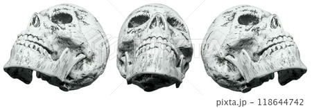 Set of human skull heads isolated over a white background. The human skull, devil, evil, or zombie head are positioned at various angles. The scene is eerie and unsettling 118644742