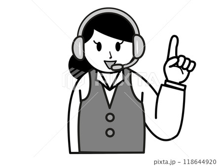 指さしポーズのヘッドセットをつけた若い女性 指さしポーズのヘッドセットをつけた若い女性 118644920