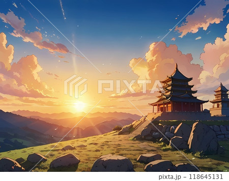 ゲーム背景　荒野の砂漠にある滅亡した文明の石積み神殿遺跡	 118645131