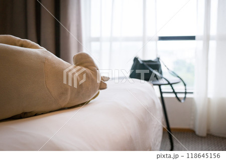 Room with soft toy on top of bed and woman's handbag on top of coffee table. Room with soft toy on top of bed and woman's handbag on top of coffee table. 118645156