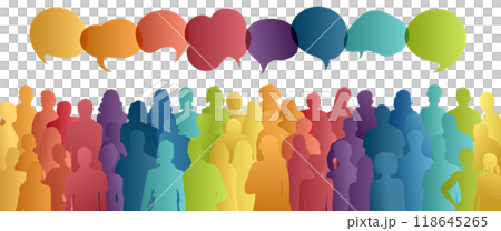 Communication across diverse cultures - Multicultural dialogue represented by colored silhouettes and speech bubbles of multiethnic individuals. Diversity equality inclusion. Front-view Communication across diverse cultures - Multicultural dialogue represented by colored silhouettes and speech bubbles of multiethnic individuals. Diversity equality inclusion. Front-view 118645265