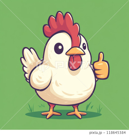 A cheerful cartoon chicken giving thumbs up on green background, radiating positivity and fun. 118645384