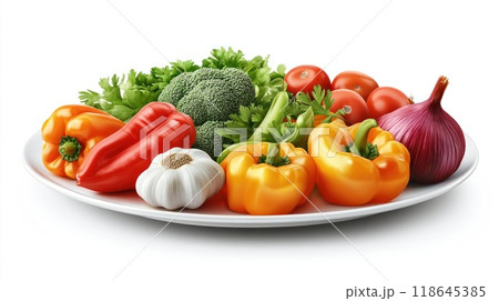 A plate of vegetables including broccoli, peppers, and avocados 118645385