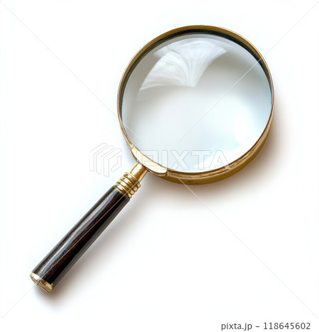 Magnifying glass with wooden handle on white background, perfect for detailed examination and exploration. 118645602