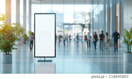 A white sign is in a large room with people walking around A white sign is in a large room with people walking around 118645607