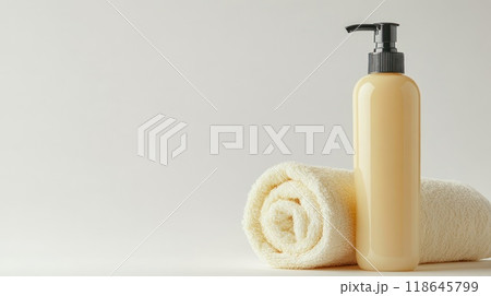 A bottle of lotion sits on top of towels. The towels are rolled up and placed on a white background. Concept of relaxation and self-care, as the lotion A bottle of lotion sits on top of towels. The towels are rolled up and placed on a white background. Concept of relaxation and self-care, as the lotion 118645799