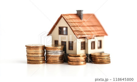 Model modern house with coins stack and money stack on soft background 118645800