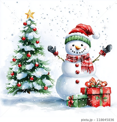 Festive snowman celebrates Christmas beside aのイラスト