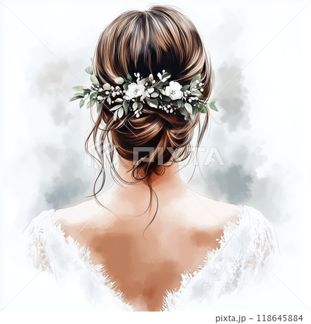 Elegant bridal hairstyle with floral accents for a wedding celebration in soft lighting 118645884