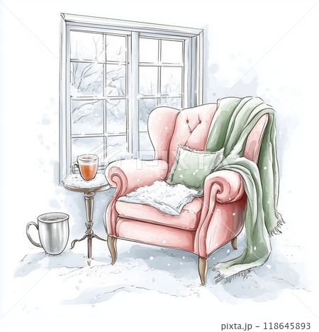 Cozy pink armchair by a winter window with beverages and a warm blanket for relaxation 118645893